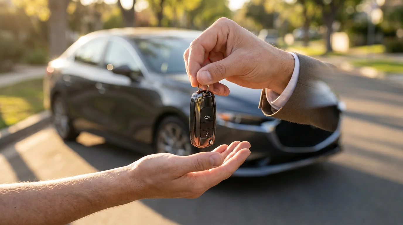 Close-up of two hands exchanging a modern car key fob in the afternoon light.