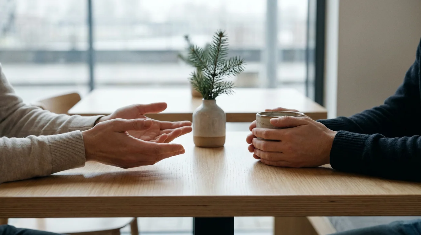 Close-up of two people's hands during a supportive conversation at a cafe table.