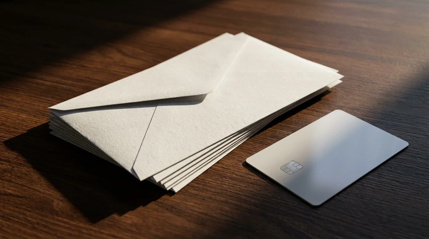 Close-up of unopened bills and a credit card on a desk with long shadows.