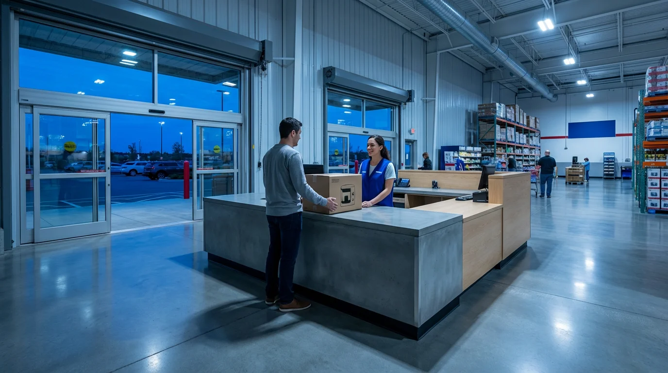 Customer easily returning an item at a warehouse club service desk during twilight.