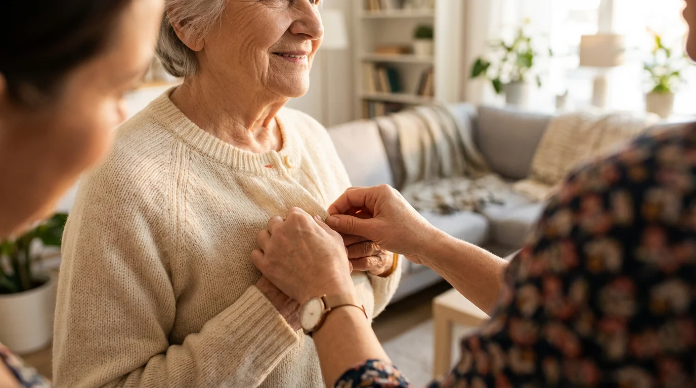 Daughter's hands helping her elderly mother button a sweater in a warm, sunlit room.