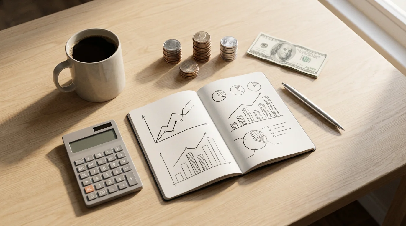 Desk flat lay with calculator, notebook, and money for side hustle financial planning.