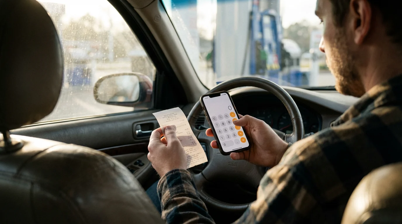 Driver in a car at a gas station reviewing expenses on a phone and receipt.