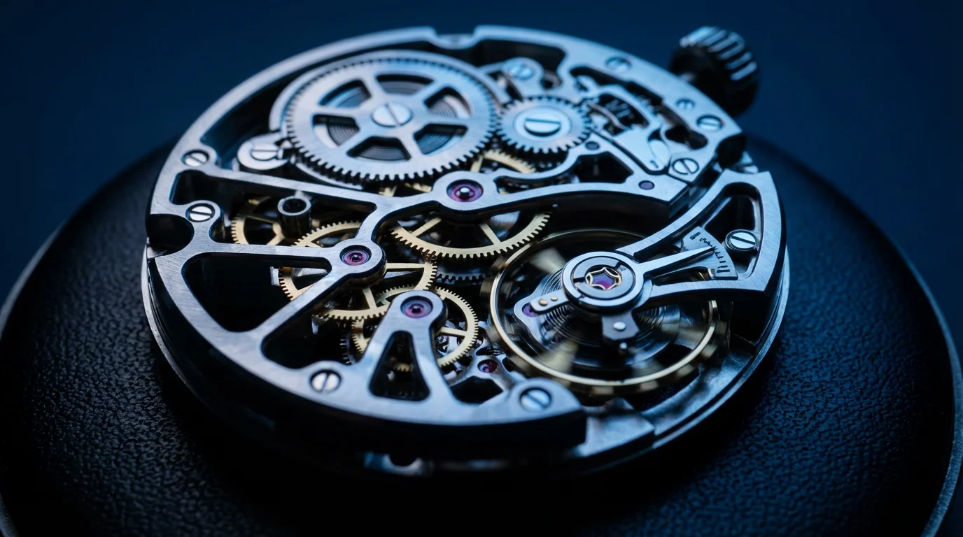 Extreme macro photo of the intricate moving gears inside a modern mechanical watch.