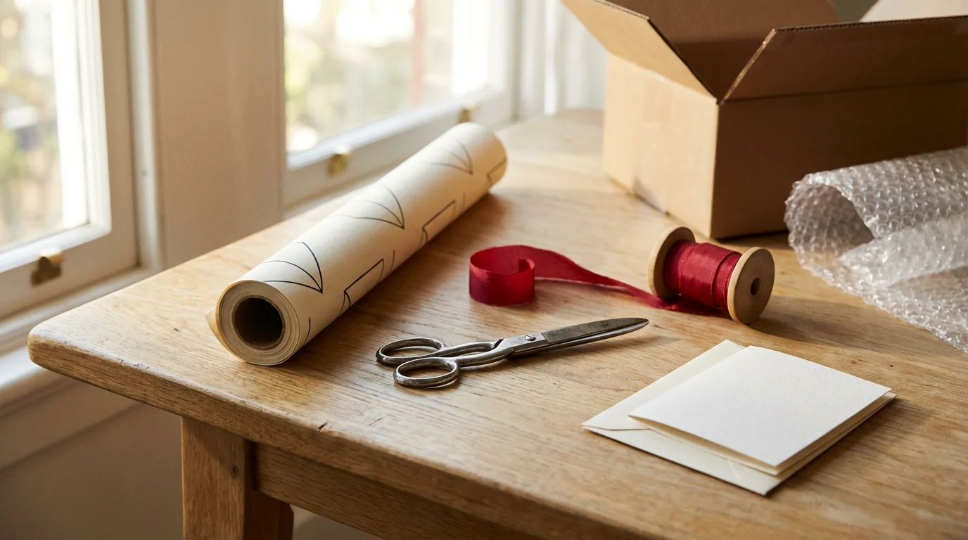Eye-level shot of holiday wrapping paper, ribbon, cards, and a shipping box on a table.