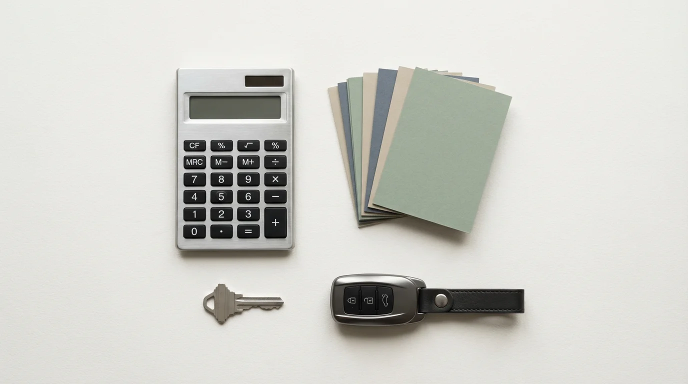 Flat lay of a calculator, blank cards, and keys representing credit score components.