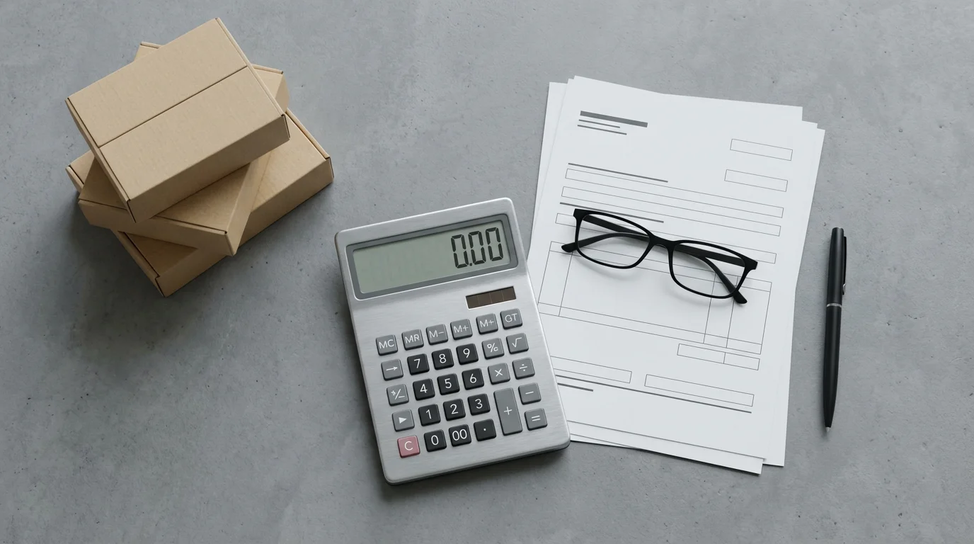 Flat lay of a calculator, glasses, and shipping boxes representing online seller tax preparation.