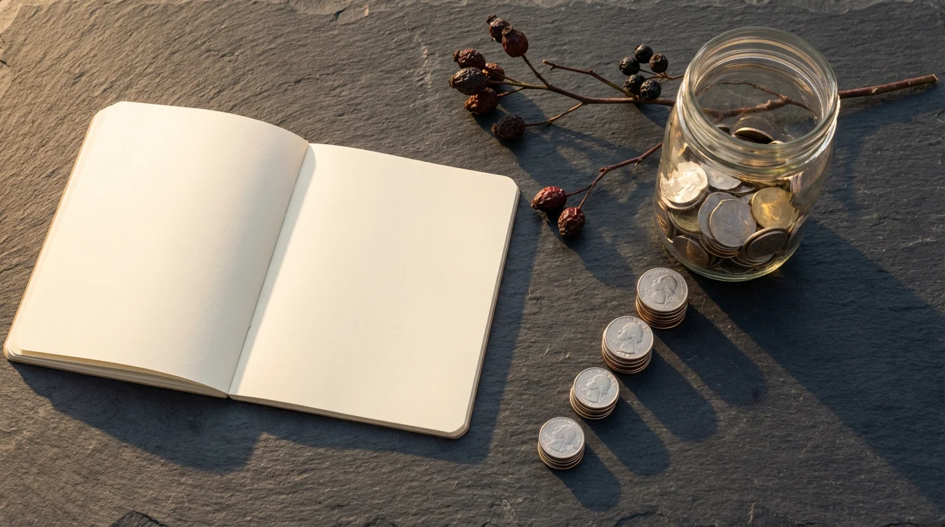 Flat lay of a calendar and a glass jar of coins representing holiday savings.