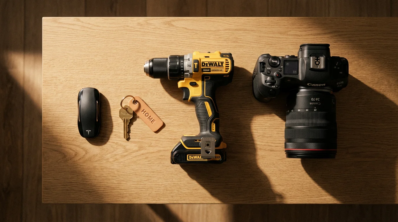 Flat lay of a car key, house key, power drill, and camera for sharing economy.