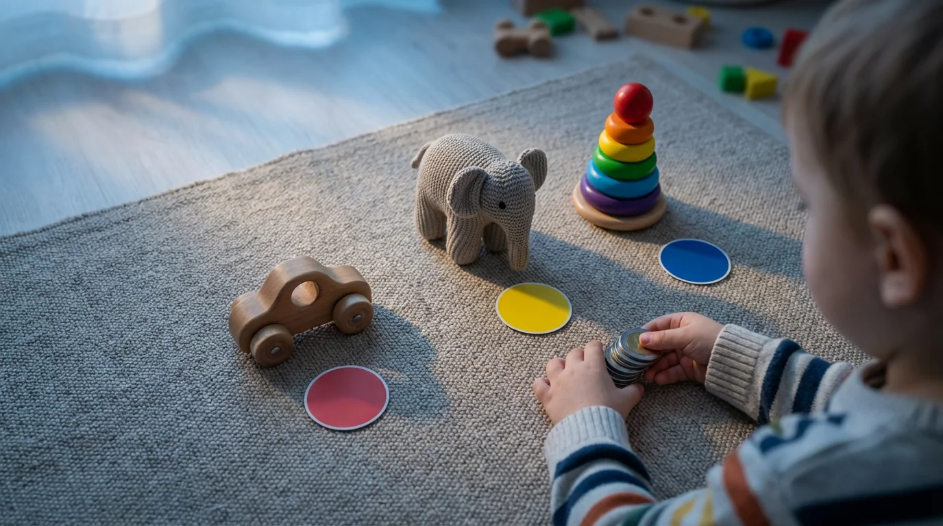 Flat lay of a child's hands with play coins choosing from toys on a rug.