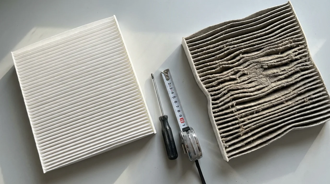 Flat lay of a clean versus a very dirty HVAC air filter with tools.
