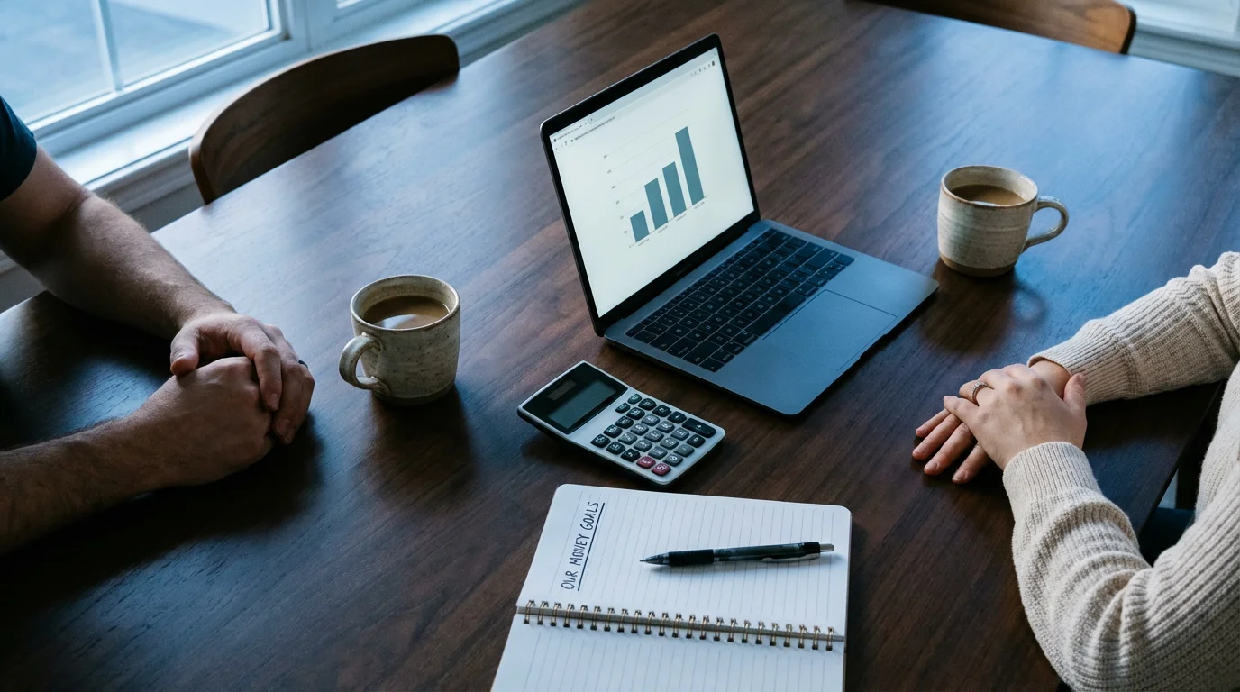 Flat lay of a couple's 'money date' with laptop, coffee, and notebook.
