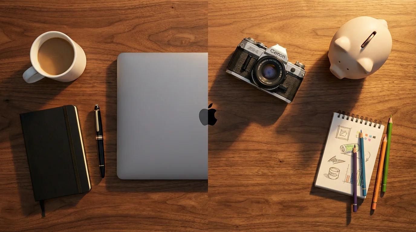Flat lay of a desk balancing professional job items with creative side hustle items.
