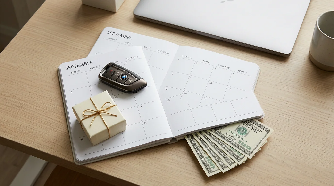 Flat lay of a desk planner with a car key, gift, and money.