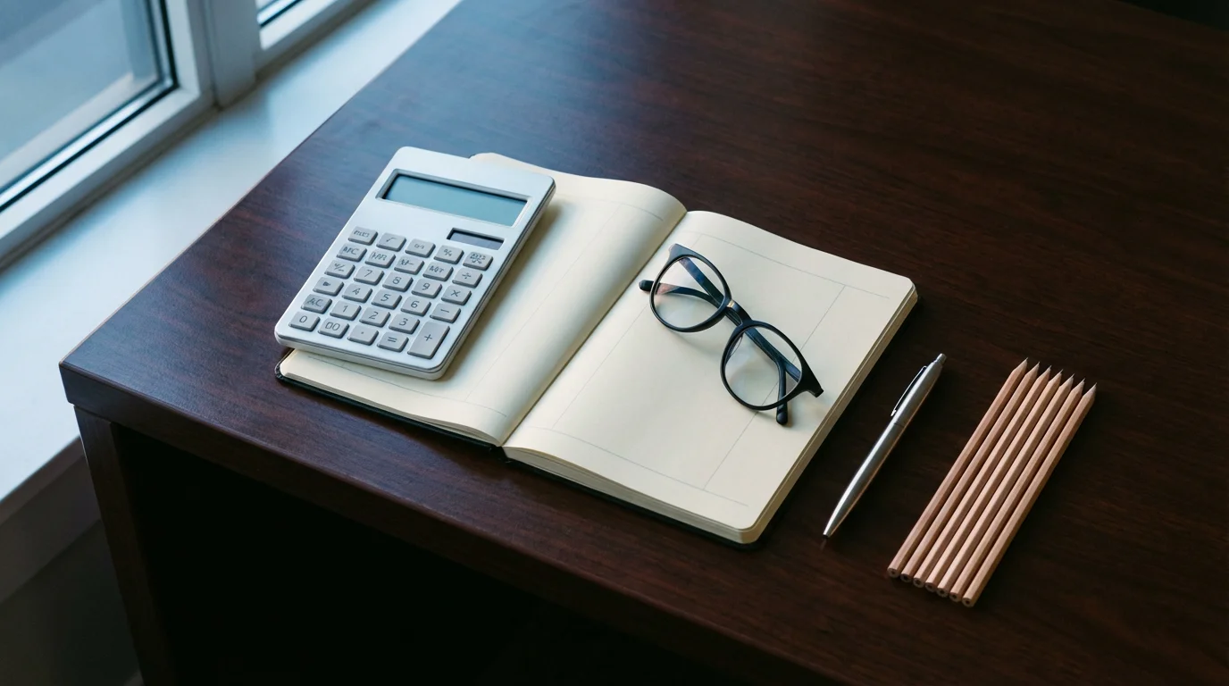 Flat lay of a desk with a calculator, eyeglasses, and pencils for financial planning.