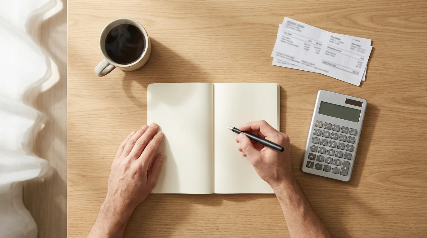 Flat lay of a desk with a notebook, calculator, and coffee, representing budget calculation.