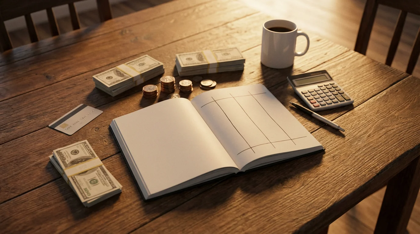 Flat lay of a family budget on a wooden table with a calculator, cash, and coffee.