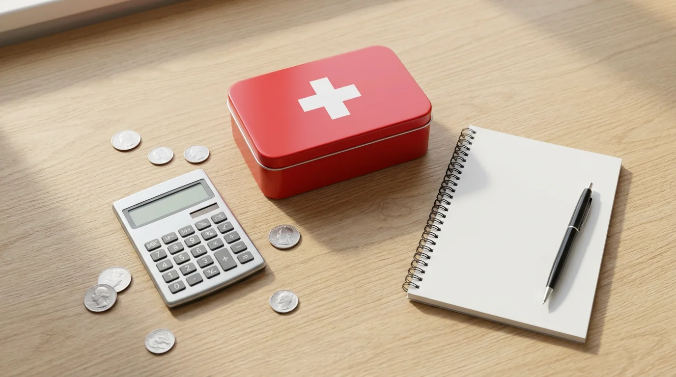 Flat lay of a first-aid kit, calculator, and notebook for health insurance planning.