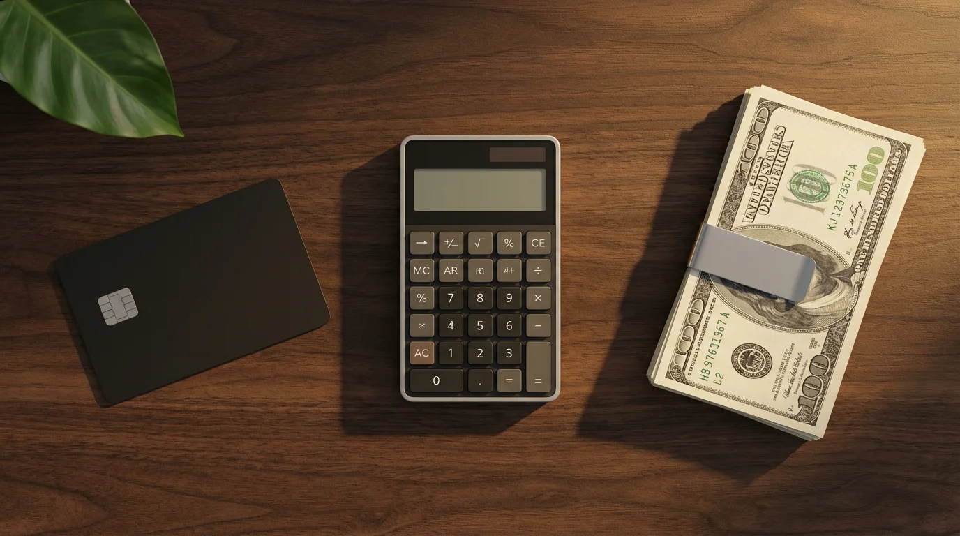 Flat lay of a generic credit card, cash, and a calculator during golden hour.