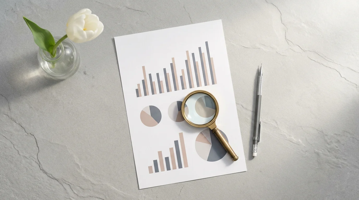 Flat lay of a generic financial report with a magnifying glass and pencil for review.