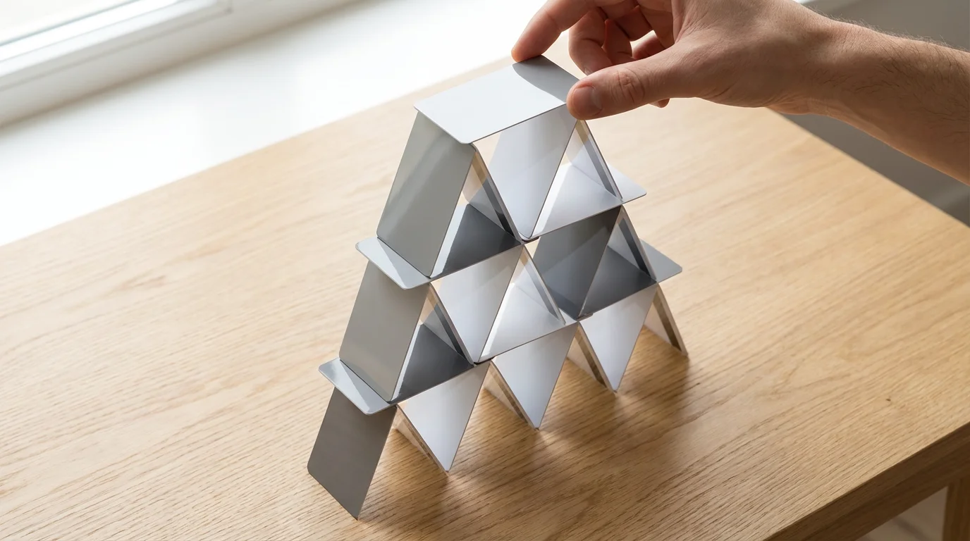 Flat lay of a hand building an unstable house of cards from blank credit cards.