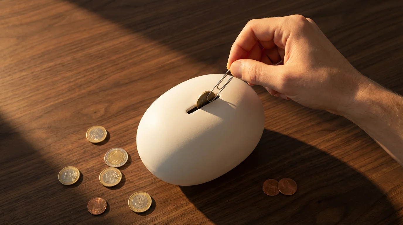 Flat lay of a hand using a paperclip to pull a coin from a piggy bank.