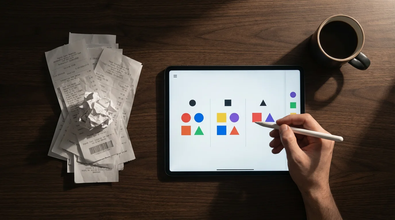 Flat lay of a hand using a stylus on a tablet for virtual micro-tasks.