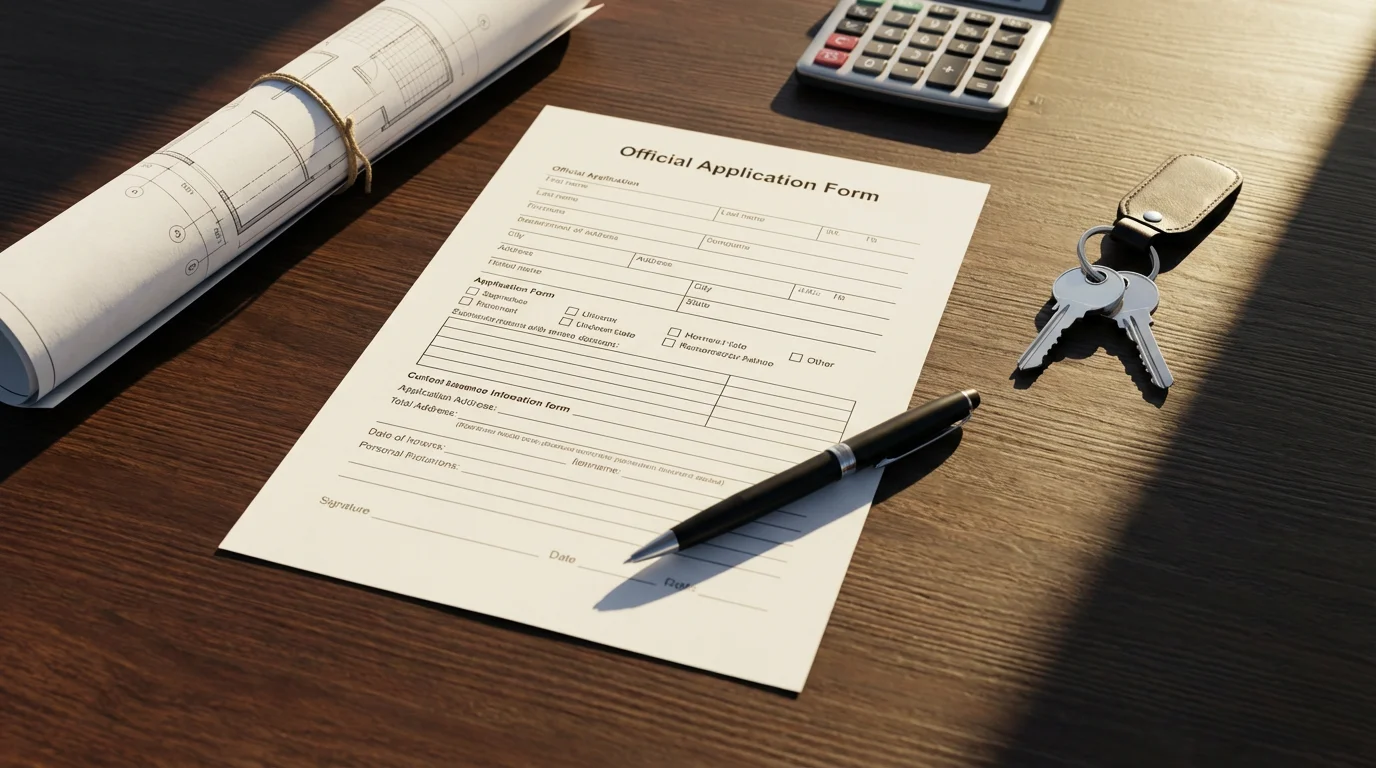 Flat lay of a home loan application form, house keys, and architectural blueprints.