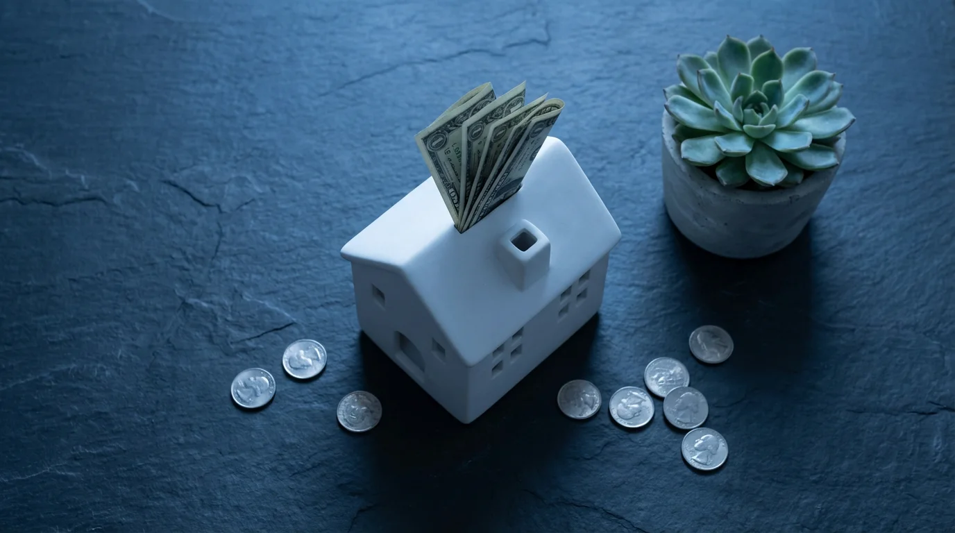 Flat lay of a house-shaped piggy bank with money and a small succulent plant.