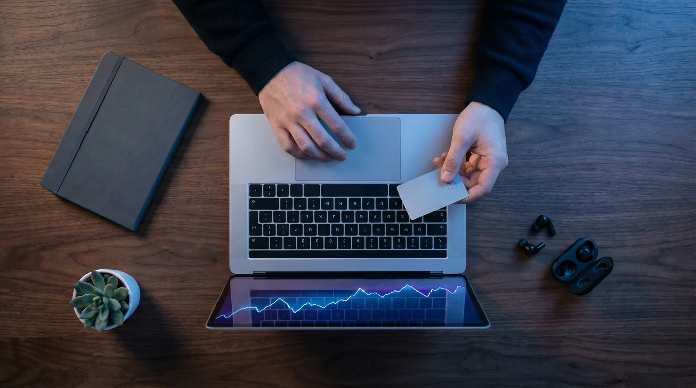 Flat lay of a laptop showing a price history graph, with hands holding a credit card.