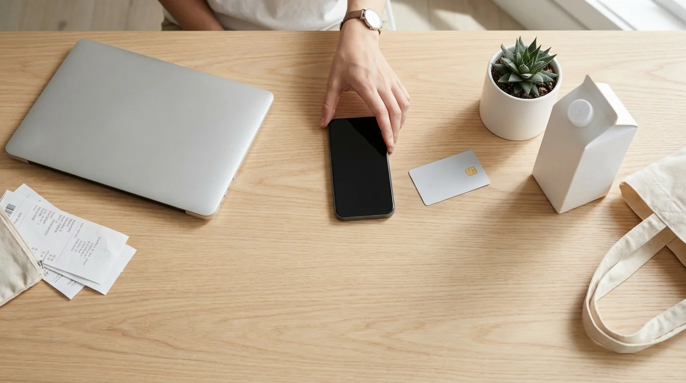 Flat lay of a laptop, smartphone, and milk carton representing cashback shopping strategies.
