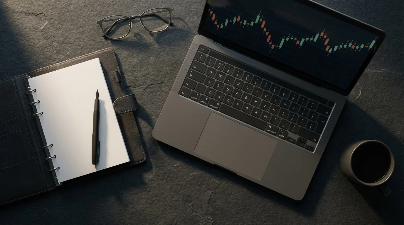 Flat lay of a laptop with financial charts, a planner, and glasses.