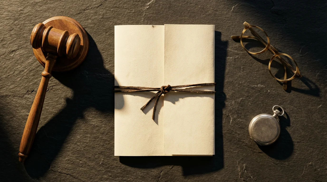 Flat lay of a legal document, gavel, glasses, and pocket watch on slate.
