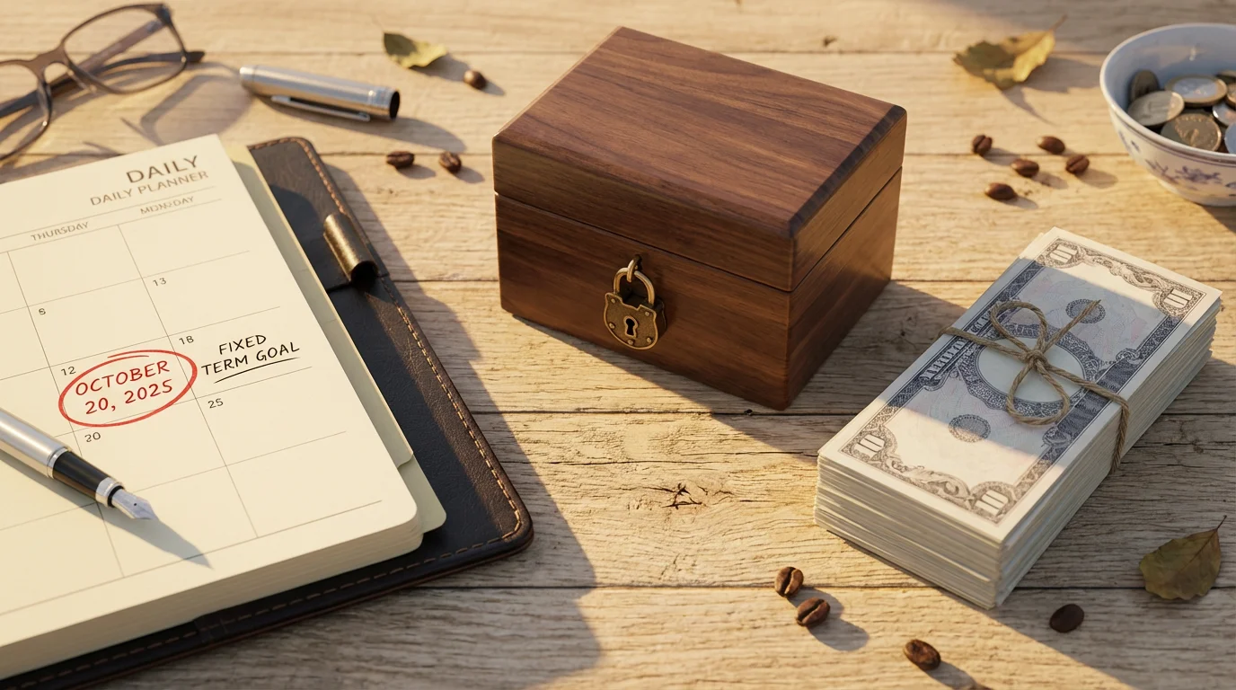 Flat lay of a locked box, cash, and a calendar, comparing different savings options.