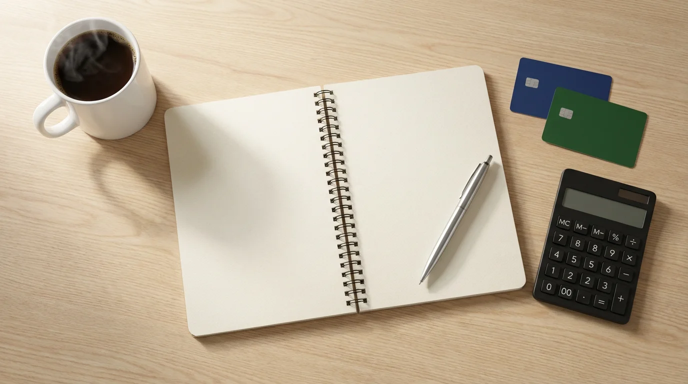 Flat lay of a notebook, calculator, and credit cards for holiday shopping budget planning.