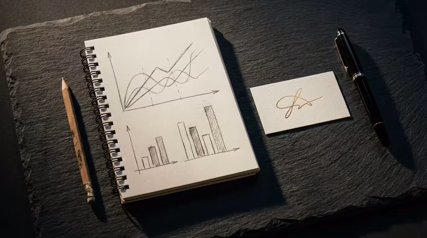 Flat lay of a personal notebook and pencil next to a professional fountain pen.