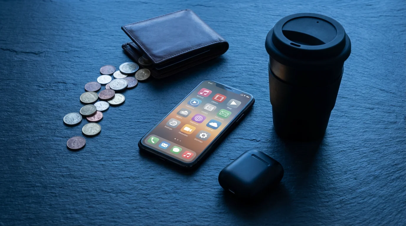 Flat lay of a phone, coffee cup, wallet, and coins representing small expenses.