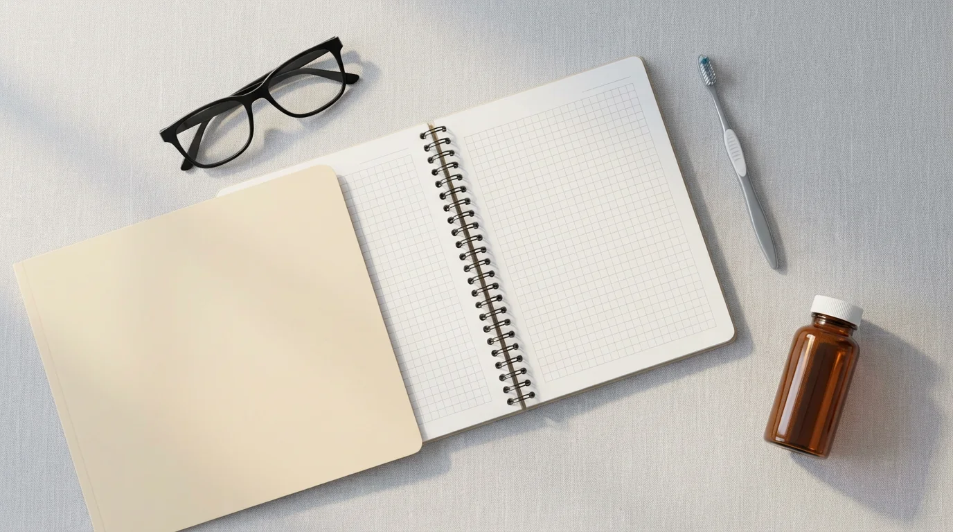 Flat lay of a planner, eyeglasses, folder, and medical items representing employee benefits.