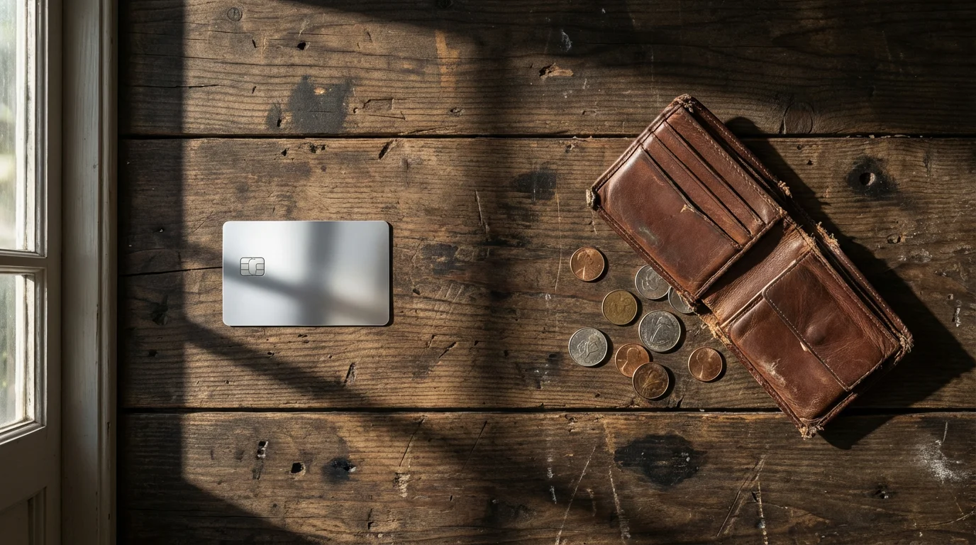 Flat lay of a pristine credit card next to an empty wallet and coins.