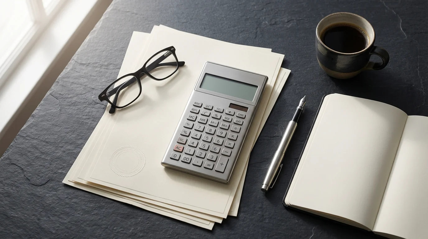 Flat lay of a professional desk with calculator, documents, glasses, and a pen.