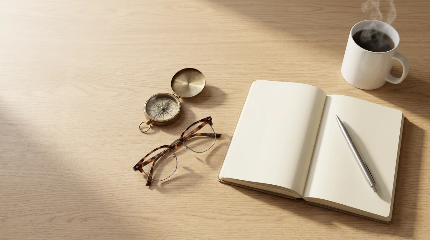 Flat lay of a professional's desk with a compass, notebook, eyeglasses, and coffee.