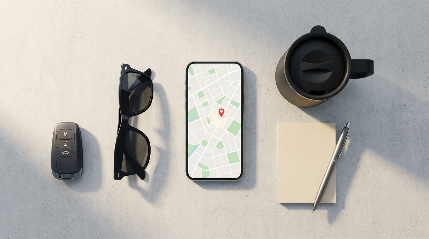 Flat lay of a rideshare driver's essentials: smartphone with map, car key, and coffee.
