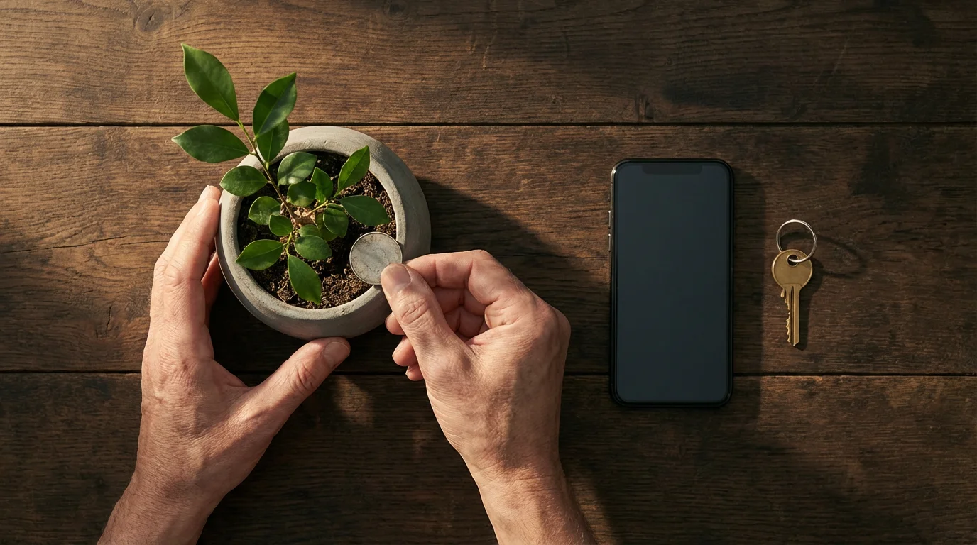 Flat lay of a sapling, coin, key, and phone symbolizing financial independence.