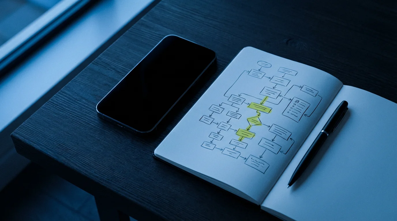 Flat lay of a smartphone and a notebook with a highlighted script for a call.