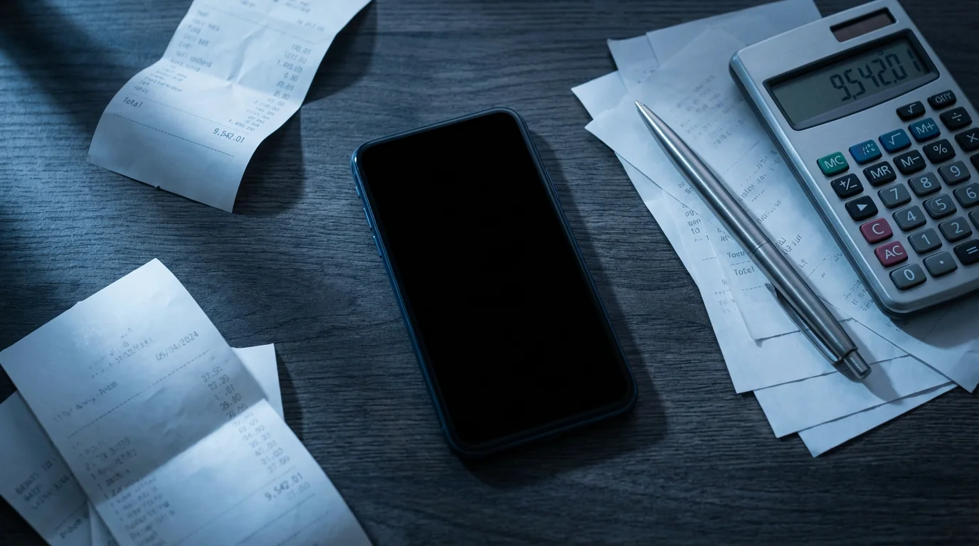 Flat lay of a smartphone, calculator with large number, and scattered receipts at dusk.