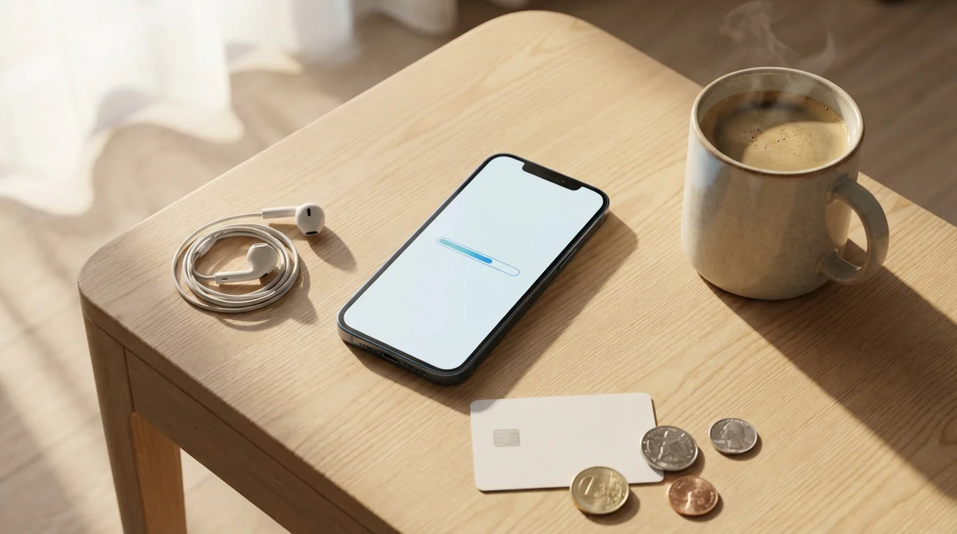 Flat lay of a smartphone, coffee, earbuds, and a gift card on a table.