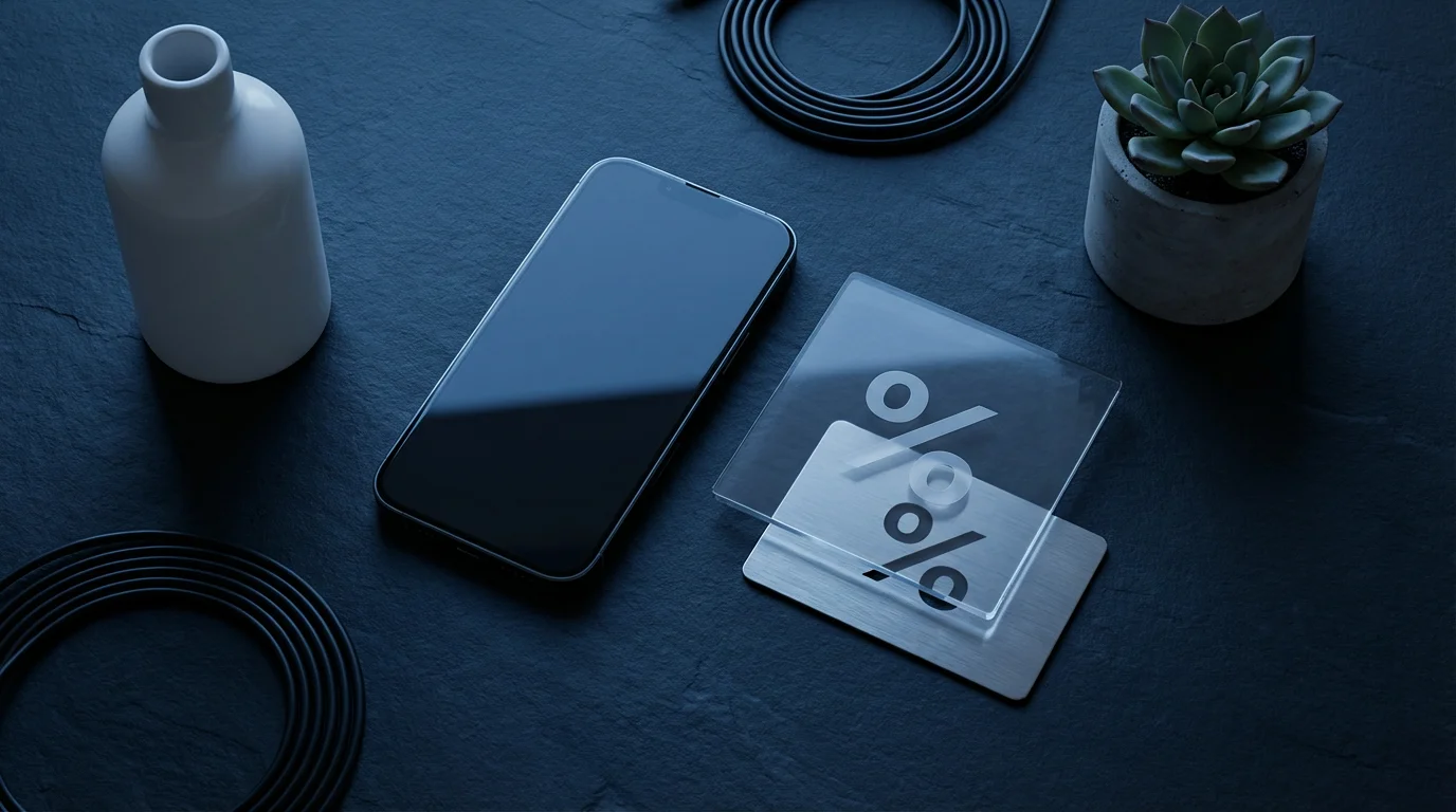 Flat lay of a smartphone, products, and stacked abstract items during blue hour.