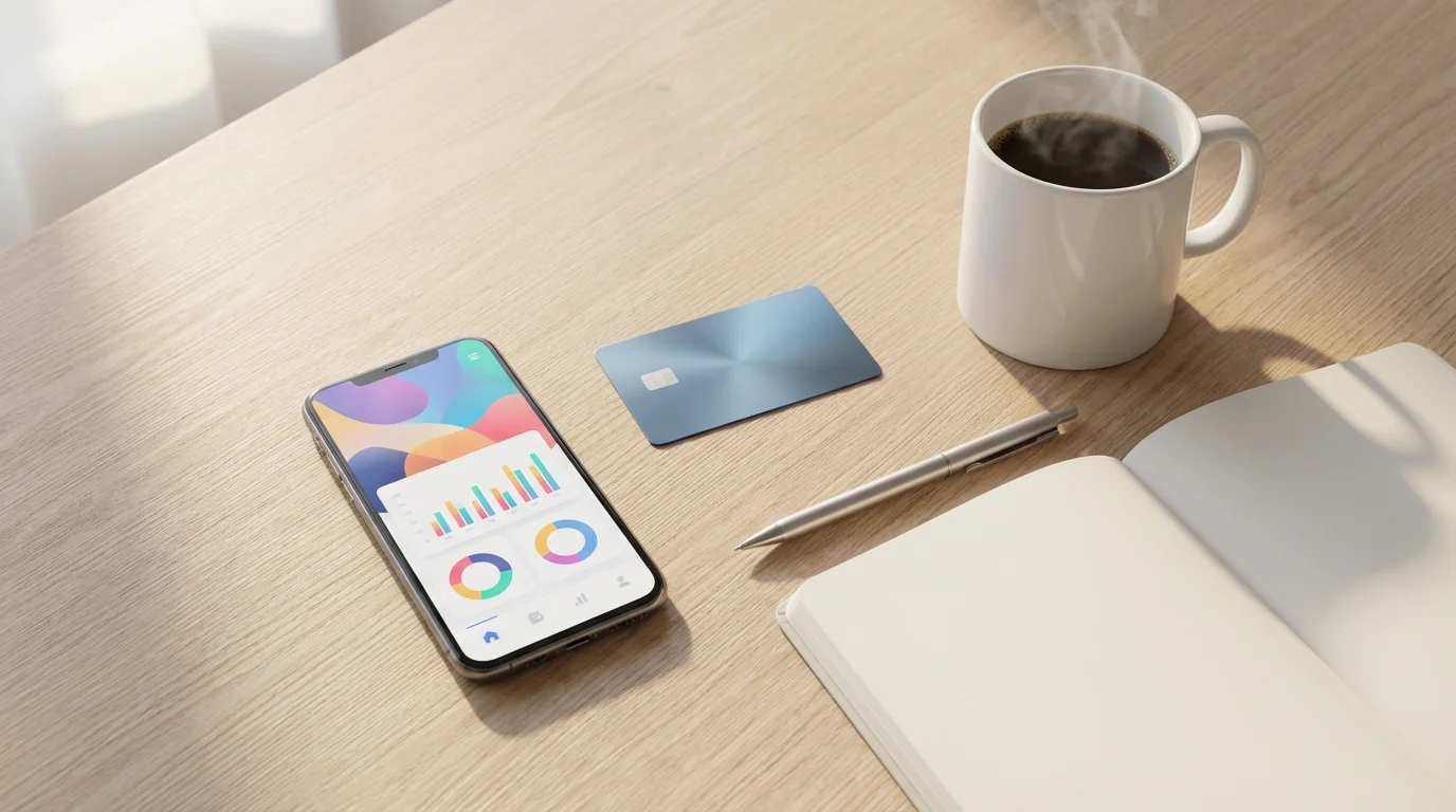 Flat lay of a smartphone with a budgeting app, a credit card, and coffee.