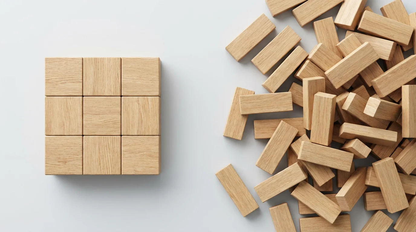 Flat lay of a stable base made of Jenga blocks next to a disorganized pile.