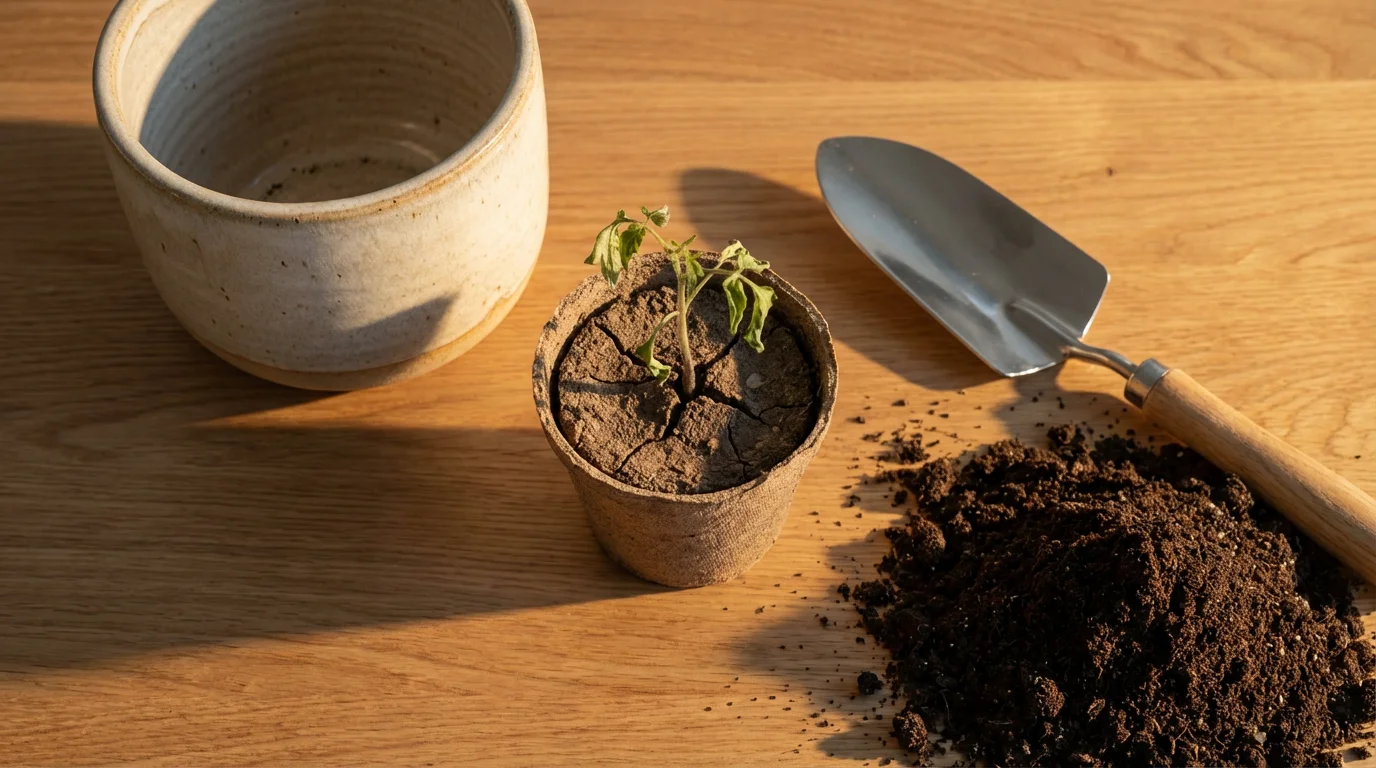 Flat lay of a wilting seedling in a small pot next to a larger empty pot.